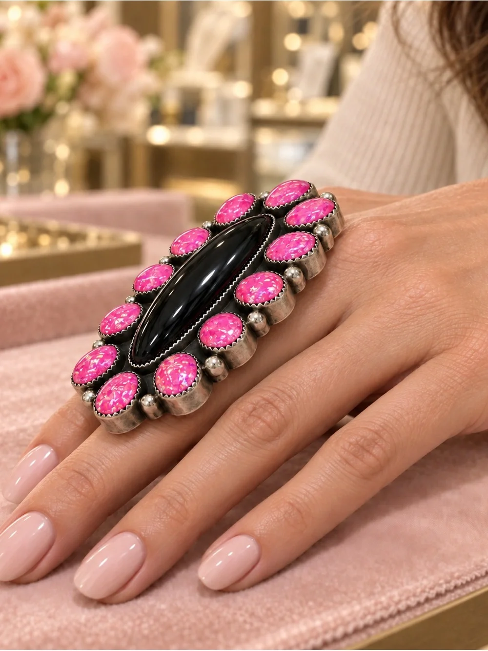 Huge Signed BBT Sterling Silver Black Onyx & Pink Opal Statement Ring – Size 9